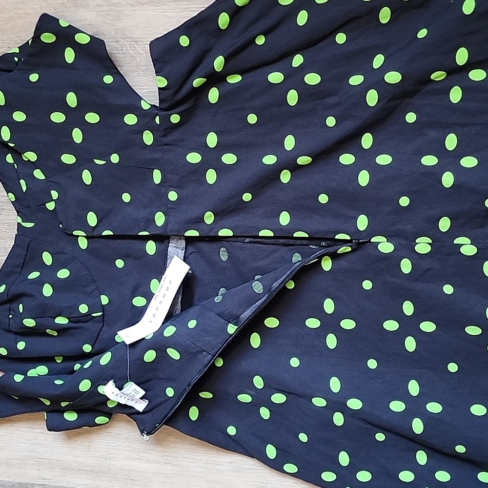 Topshop Cut-Out Black Midi Dress with Green Polka Dots - Picture 14 of 15